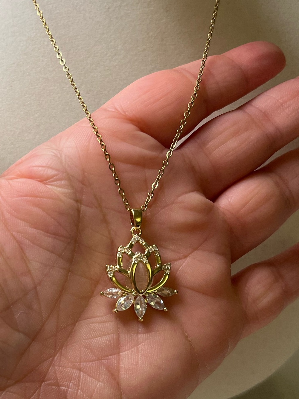 Gold Tone Stainless Steel CZ Lotus Flower Pendant Necklace
